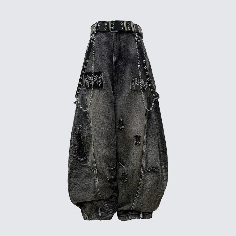 Ripped Metal Chain Wide Leg Denim Jeans WN27870