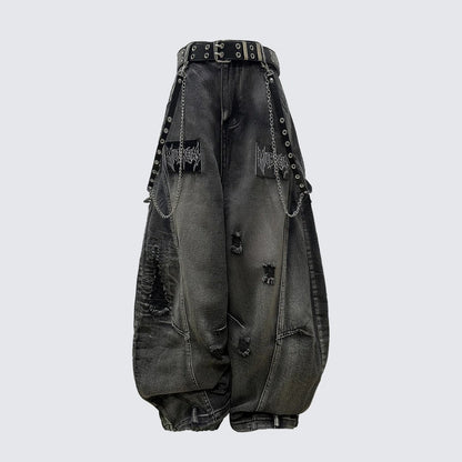 Ripped Metal Chain Wide Leg Denim Jeans WN27870