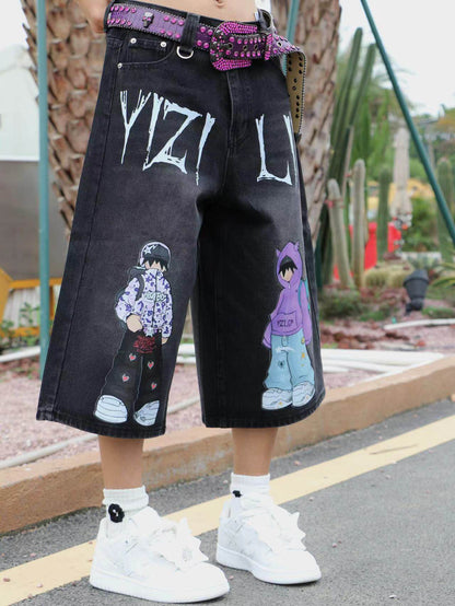 Illustration Print Wide Leg Denim Half Jeans & Denim Jeans WN24056