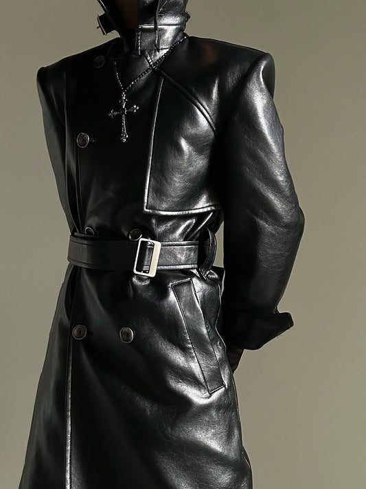 Belted PU Leather Waist-Shaping Coat WN23143