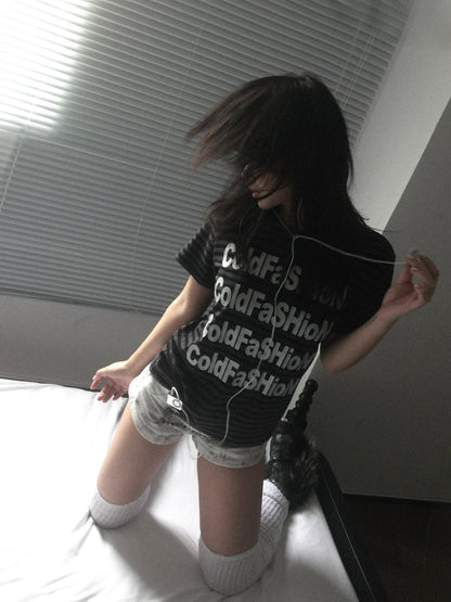 Striped Logo Print Short Sleeve T-Shirt WN27166