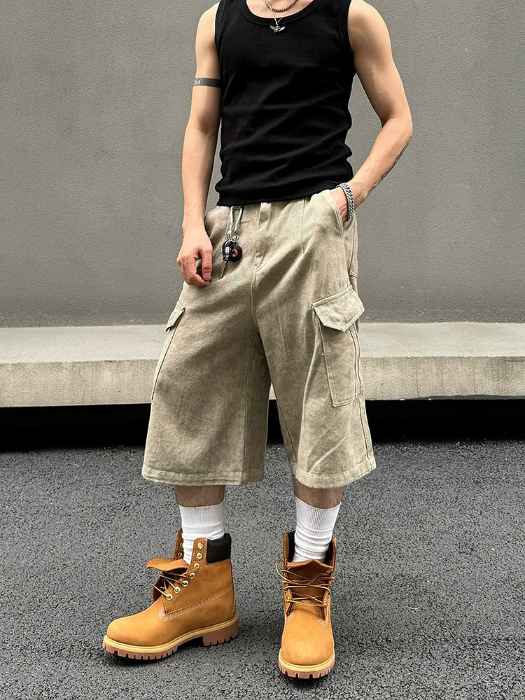 Marble Pattern Washed Wide Leg Cargo Half Pants WN19544