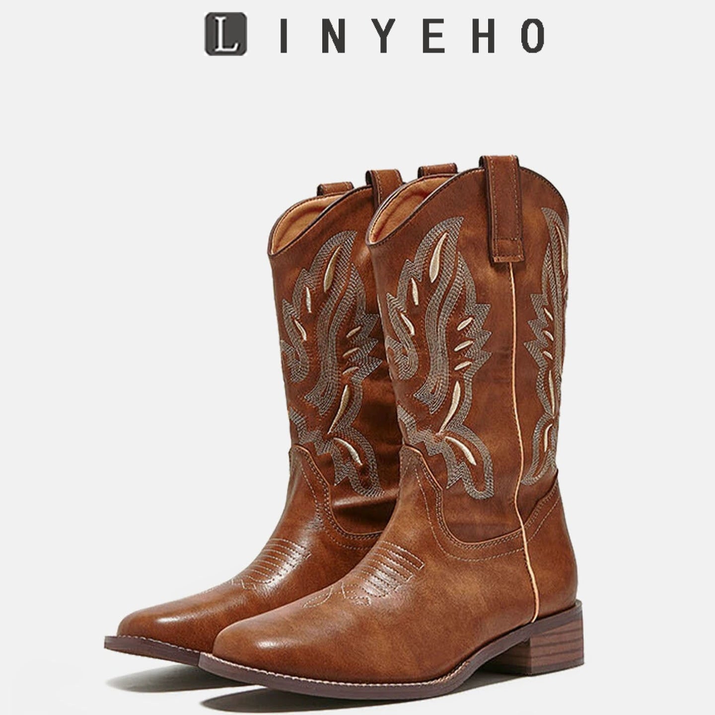 Embroidery Square-Toe Mid-Calf Boots WN20608