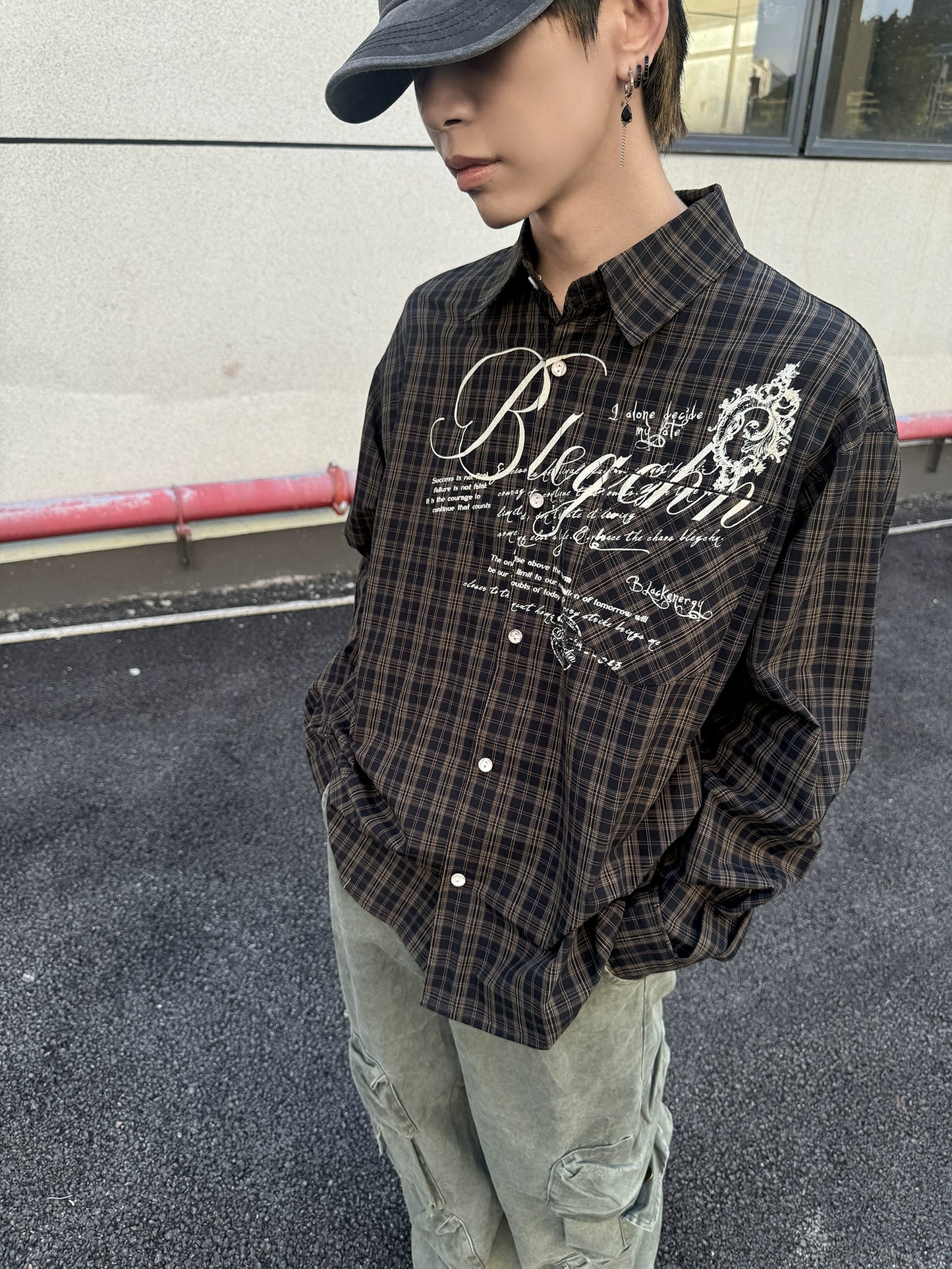 Letter Print Button Oversize Long Sleeve Shirt WN21152