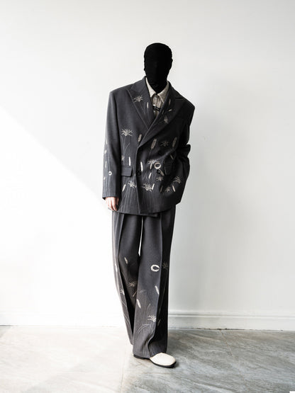 Floral Embroidery Double-Breasted Tailored Jacket & Wide-Leg Trousers Setup WN23641