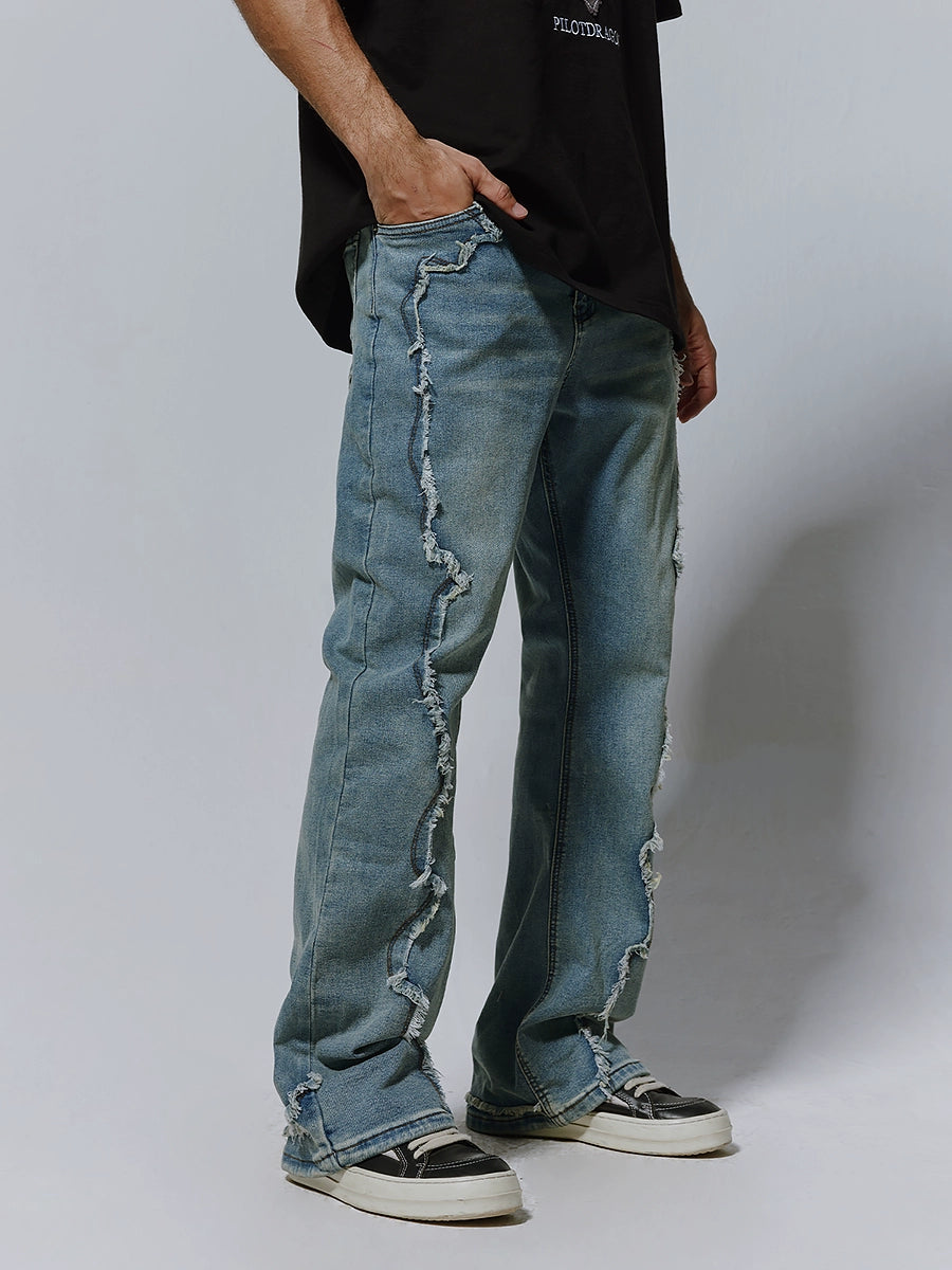 Raw Hem Seam Flare Washed Wide-Leg Straight Denim Jeans WN17611