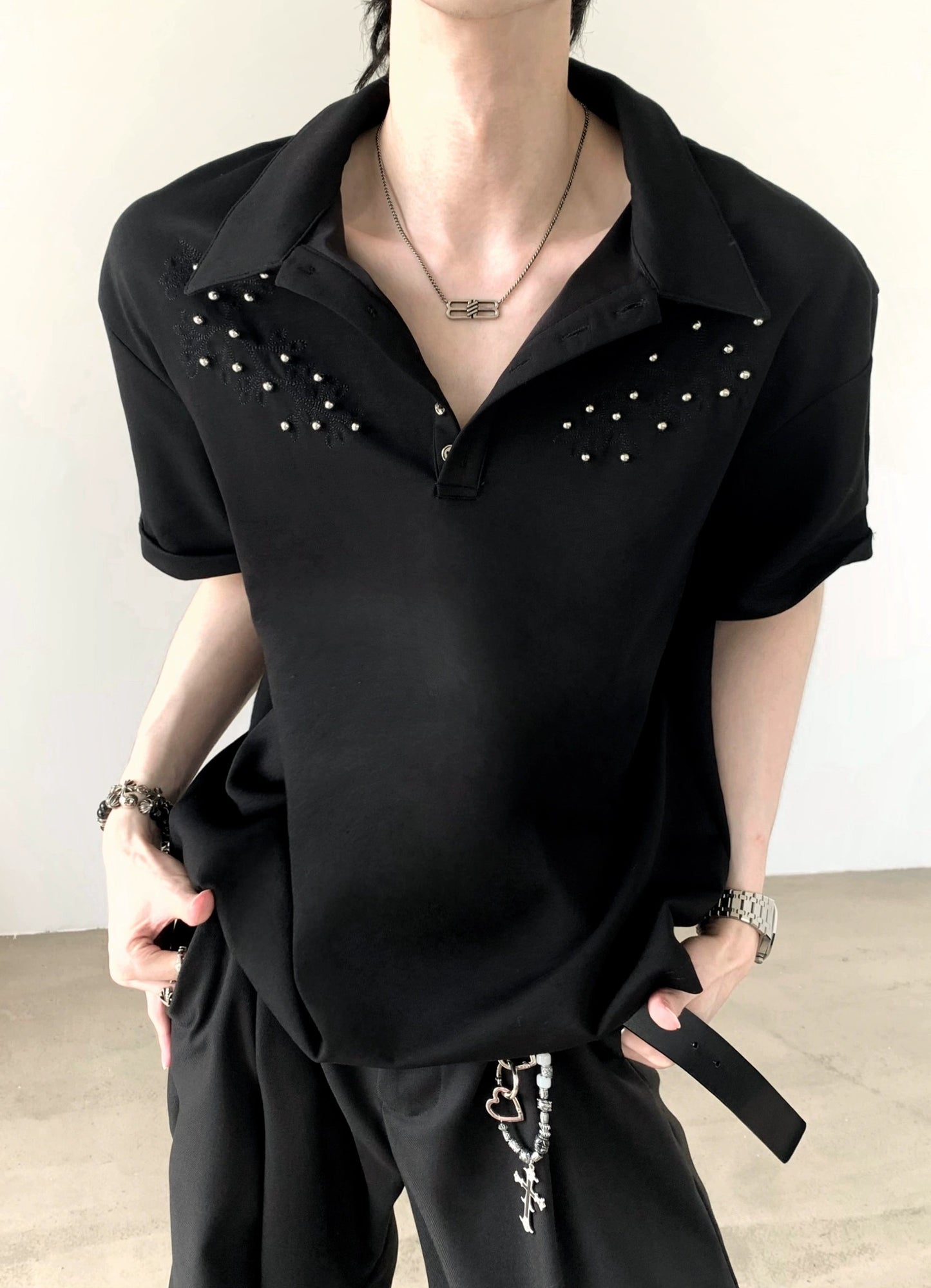Studs Design Plain Collar Oversize Short Sleeve Polo Shirt WN20358