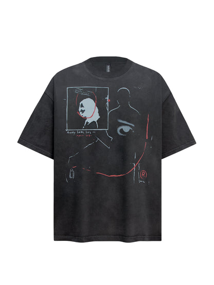 Washed Portrait Print Oversize Short Sleeve T-Shirt WN26384
