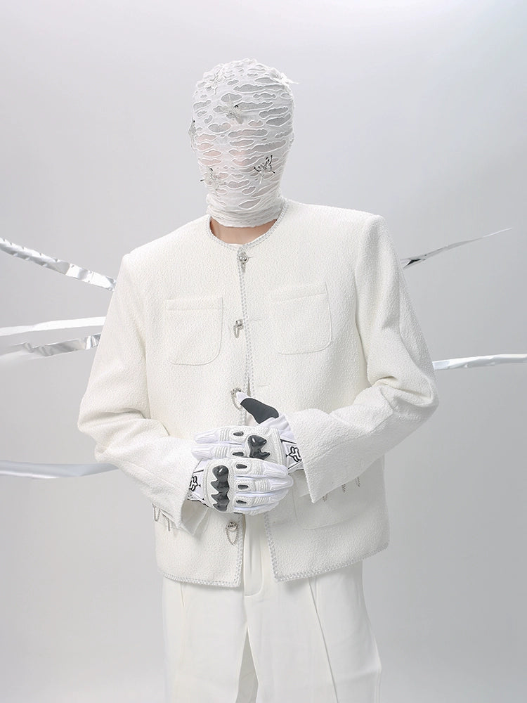 Raw Hem Woven Studs Button Jacket WN18601