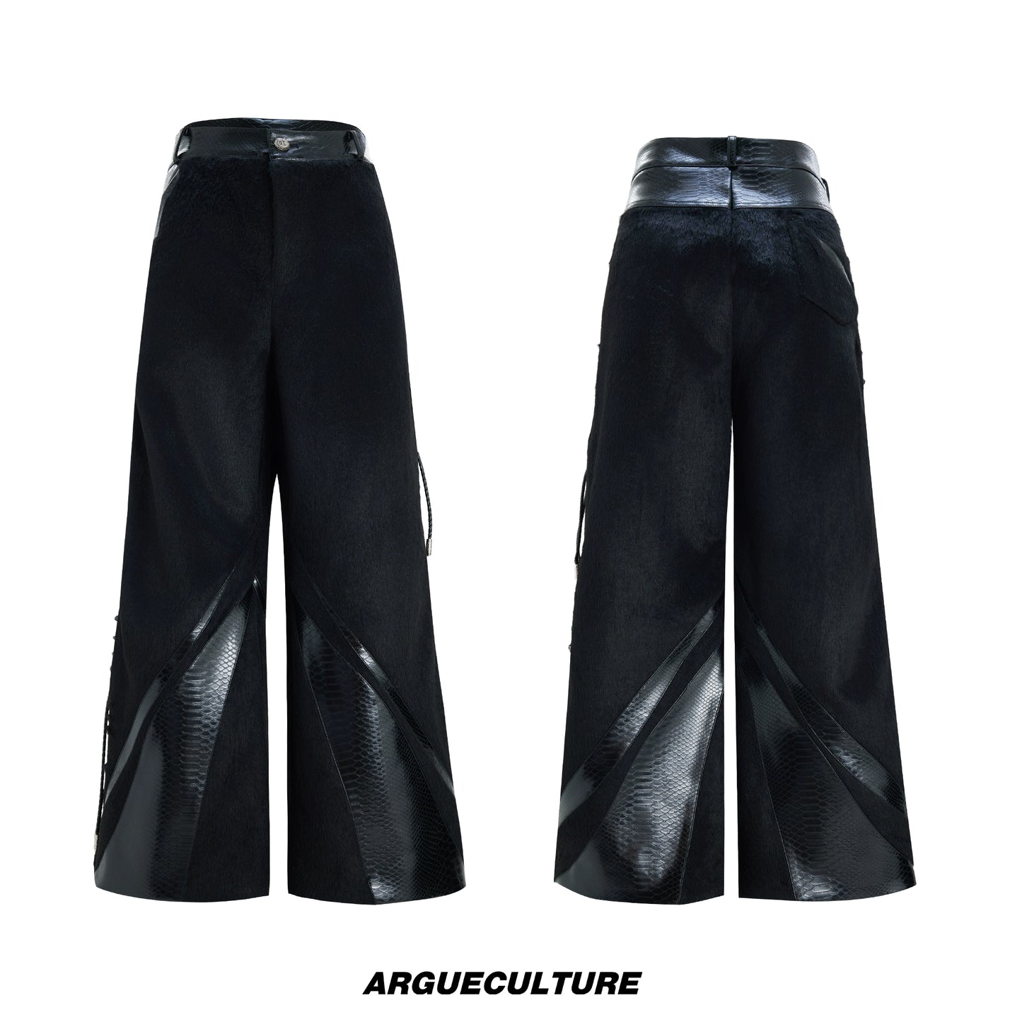 Fake Fur Splice PU Leather Deconstructed Wide Leg Pants WN22620