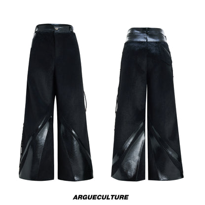 Fake Fur Splice PU Leather Deconstructed Wide Leg Pants WN22620