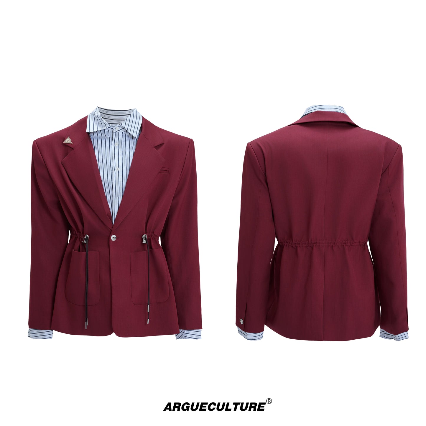 Stripe Shirt Fake Layered Drawstring Waist Shoulder-Pad Tailored Jacket & Trousers Setup WN21731