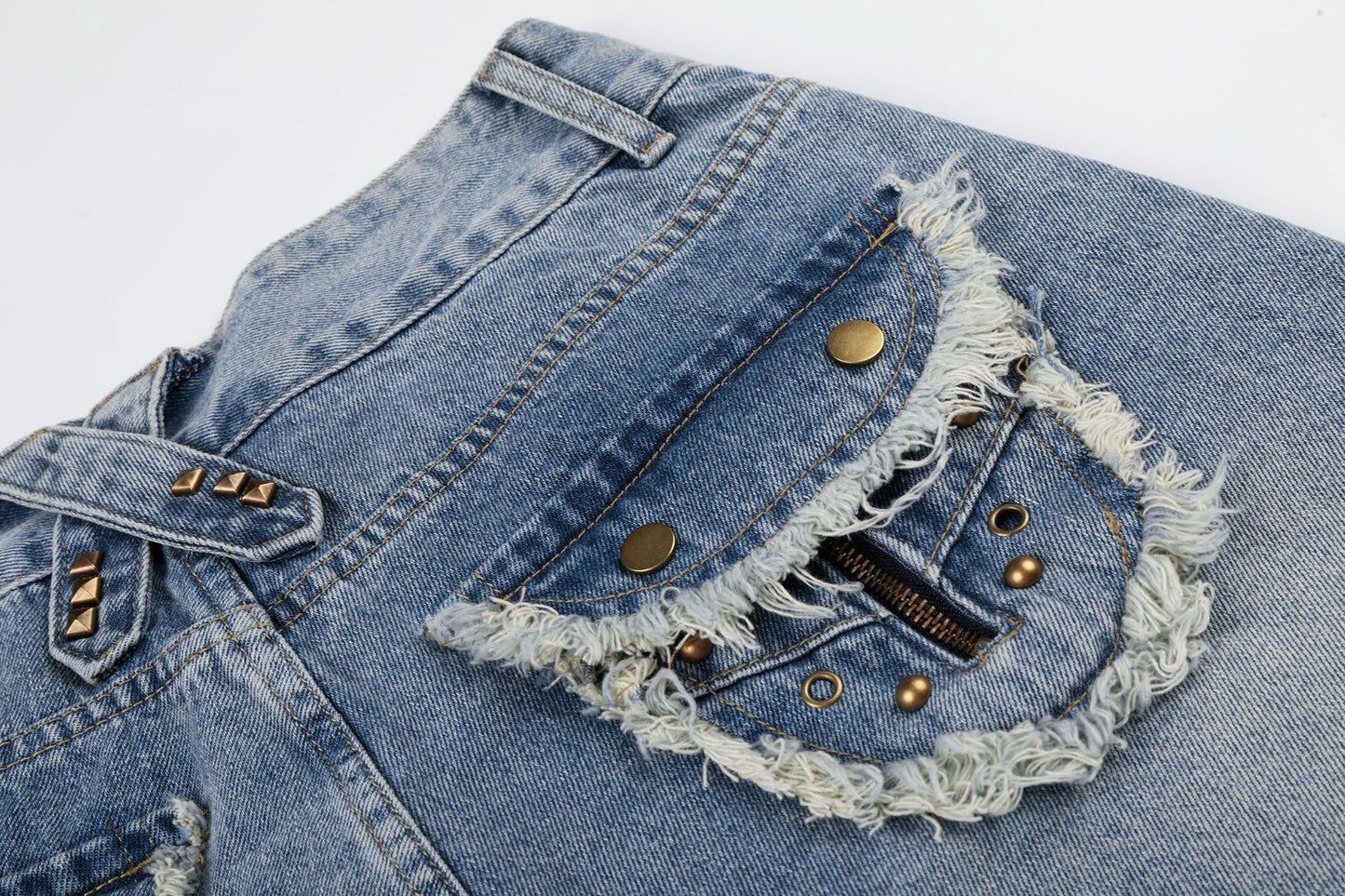 Fringe Studs Denim Half Jeans WN25518