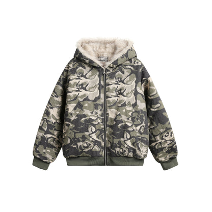 Fake Fur Camouflage Hooded Puffer Jacket WN9407