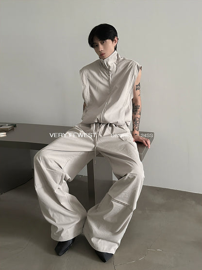 Stand Neck Sporty Vest & Pleated Wide Leg Pants Setup WN8893