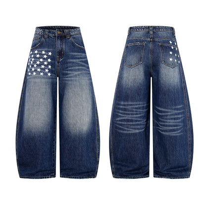 Star Print Curved Wide Leg Denim Jeans WN25727
