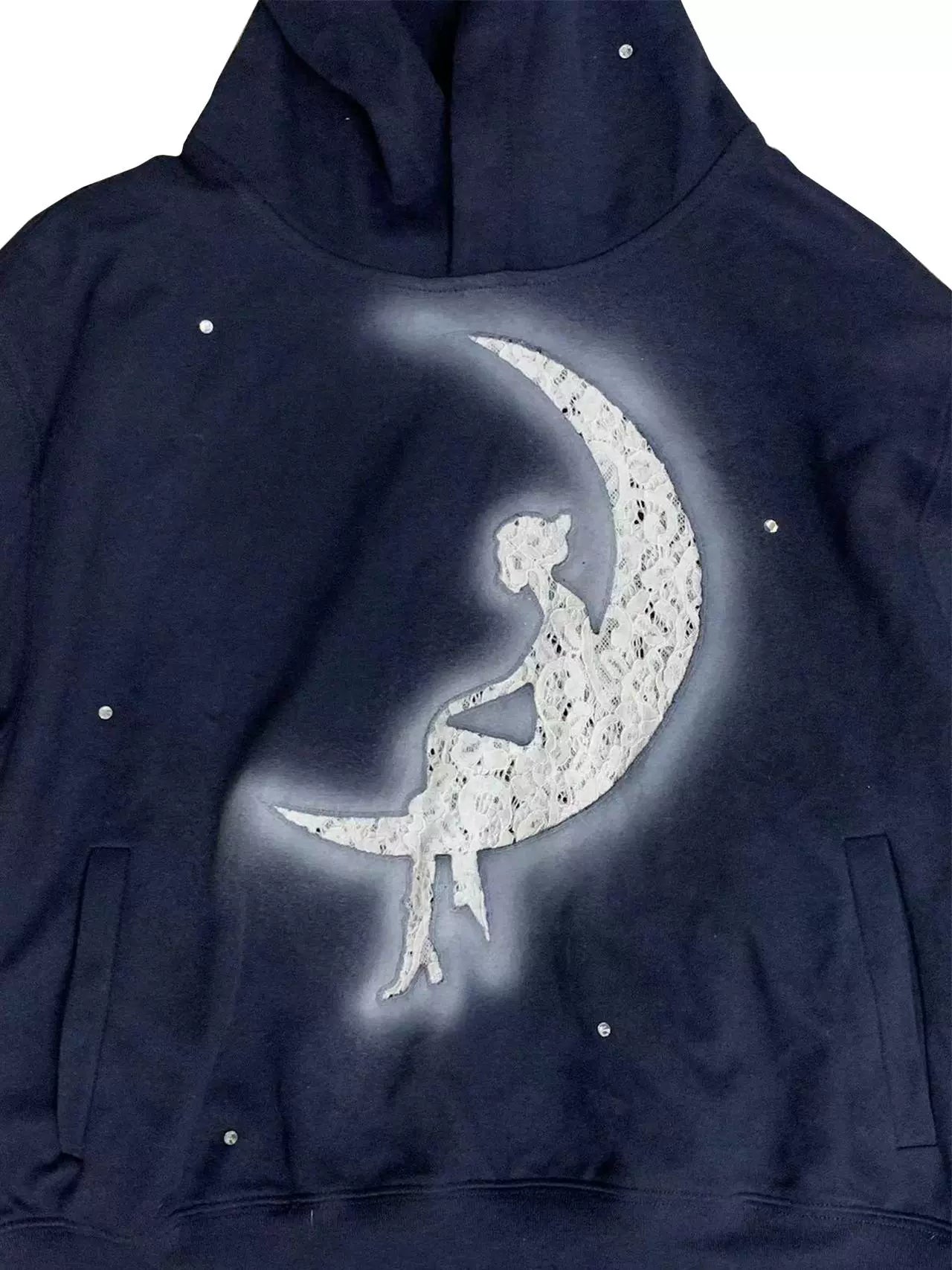 Moon Rhinestone Decoration Lace Appliqué Embroidery Hoodie WN18981