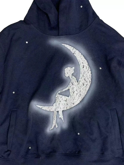 Moon Rhinestone Decoration Lace Appliqué Embroidery Hoodie WN18981