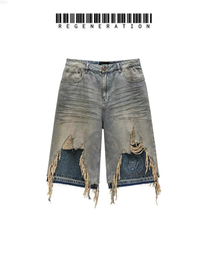 Washed Whisker Patchwork Half Denim Jeans WN19687