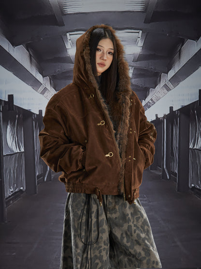 Fake Fur Lining Hooded Metal Buckle Padded Jacket WN22807