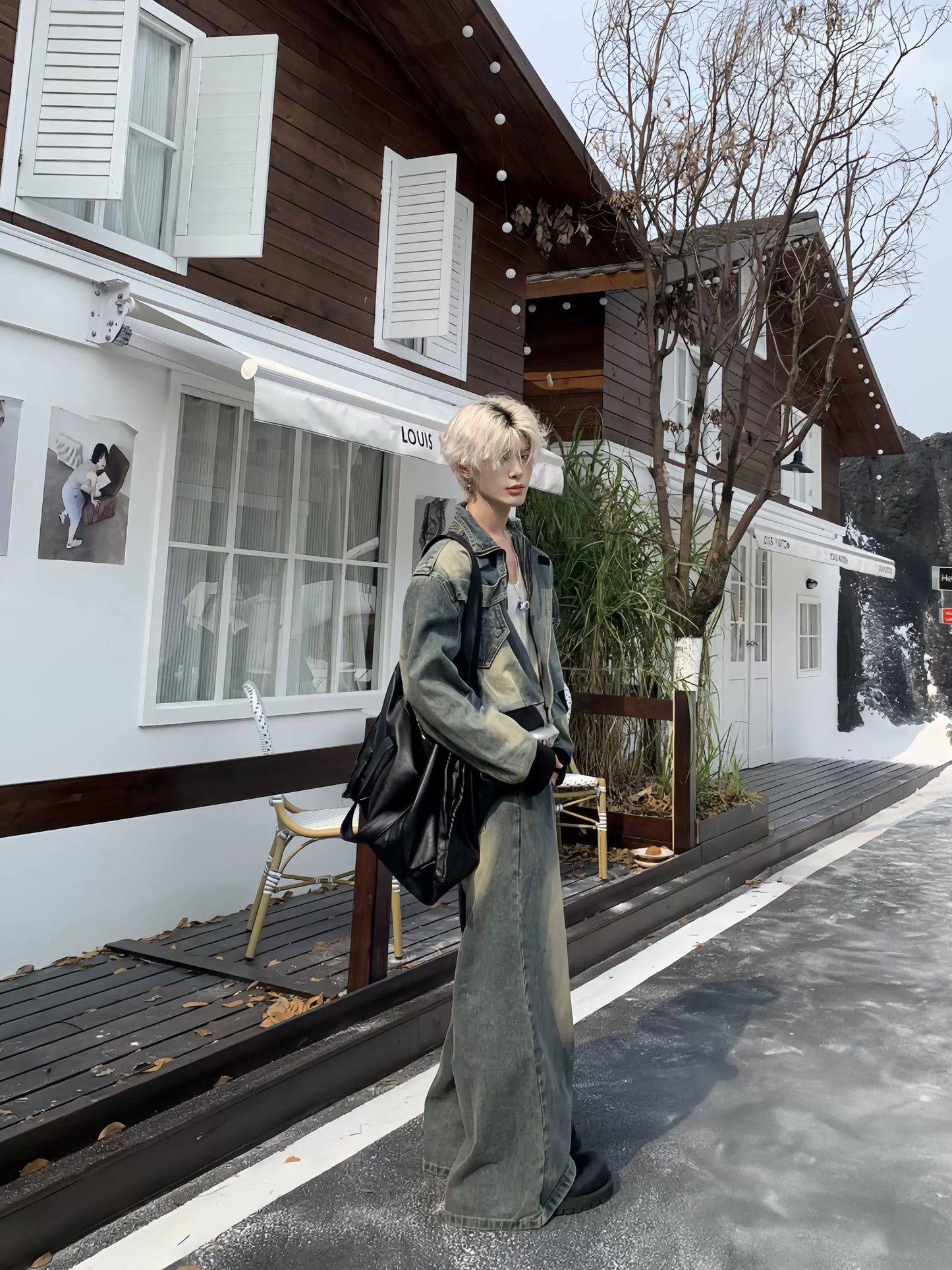 Washed Damage Denim Jacket & Wide Leg Denim Jeans Setup WN19934