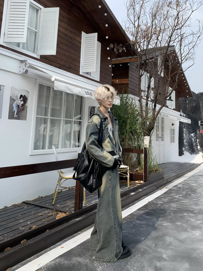 Washed Damage Denim Jacket & Wide Leg Denim Jeans Setup WN19934