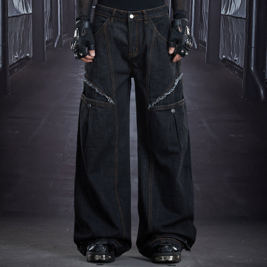 Deconstruct Design Topstitch Raw Edge Wide Leg Barrel Denim Jeans WN22865