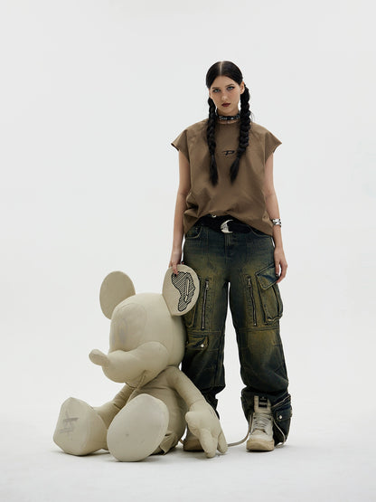 Washed Multi-Pocket Wide Leg Cargo Denim Jeans WN18200