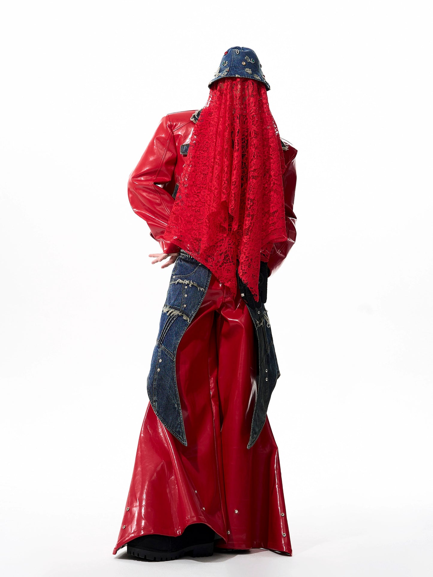 Studs Denim Mix PU Leather Jacket &  Flare PU Leather Pants Setup WN21761