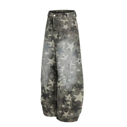 Star Print Washed Wide Leg Denim Jeans WN23602
