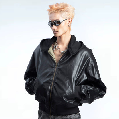 Fake Layered Reversible Hooded PU Leather Jacket WN20633