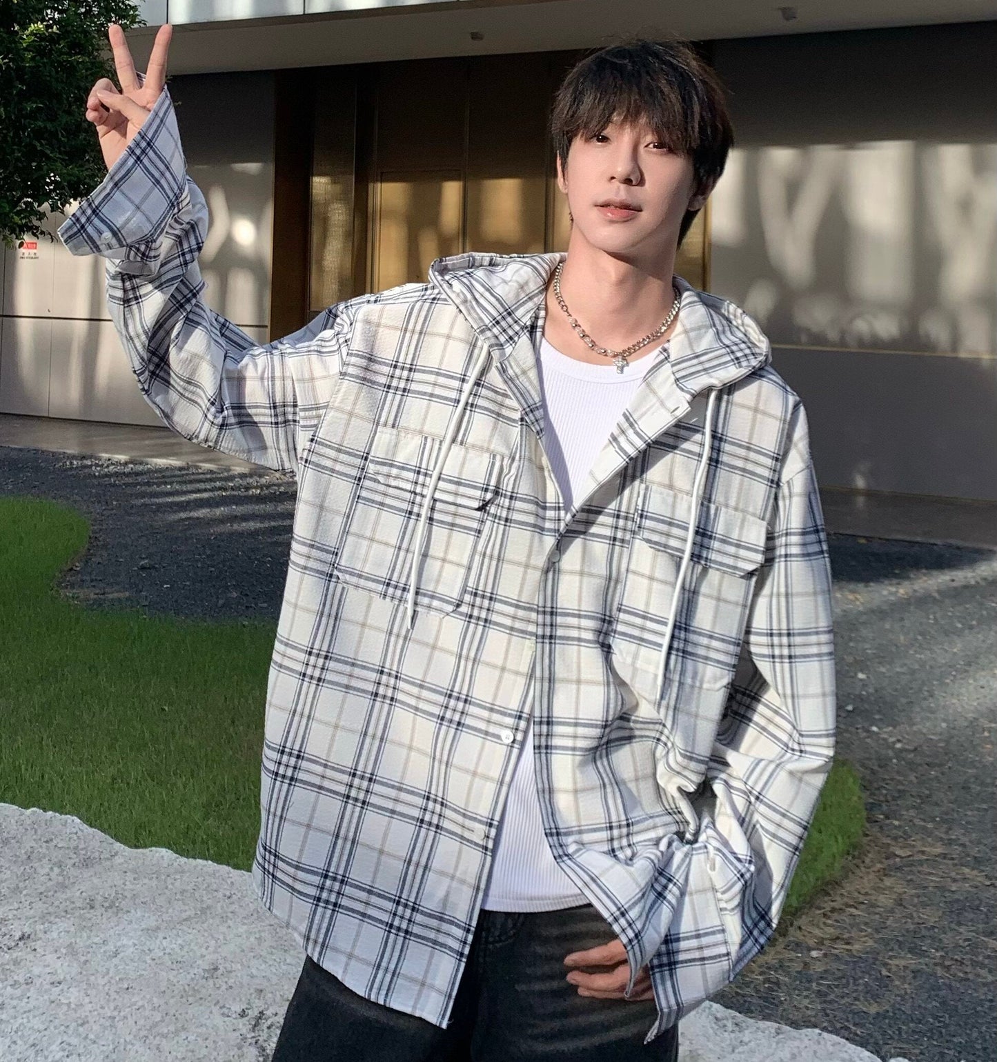 Check Hooded Long Sleeve Shirt WN25205