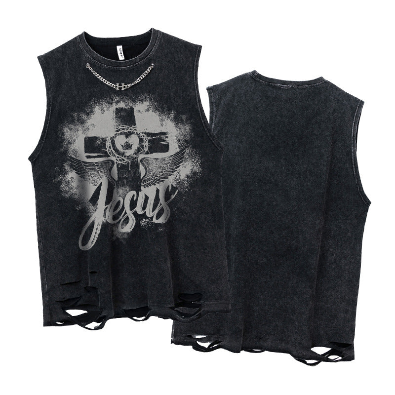 Wide Shoulder Cross & Heart Print Damage Tank Top WN16514