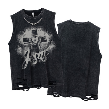 Wide Shoulder Cross & Heart Print Damage Tank Top WN16514