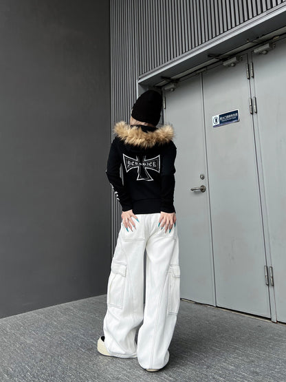 Fake Fur Collar Cross Print Hoodie WN24177