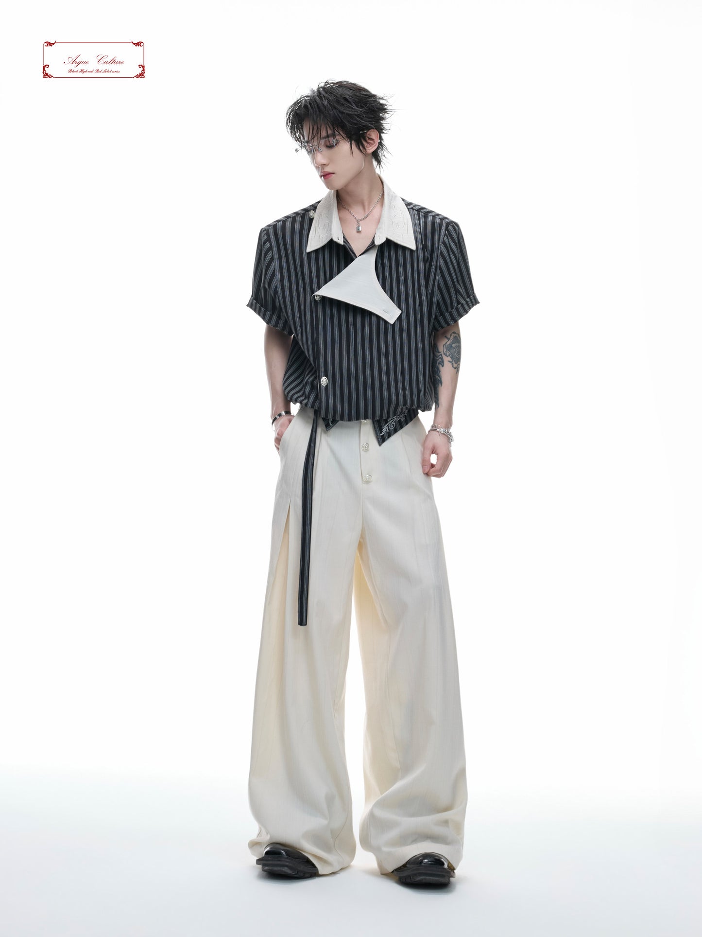 Deconstructed Stripe Embroidery Short Sleeve Shirt & Wide Leg Pants Setup WN27012
