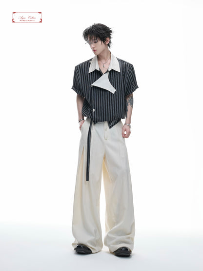 Deconstructed Stripe Embroidery Short Sleeve Shirt & Wide Leg Pants Setup WN27012