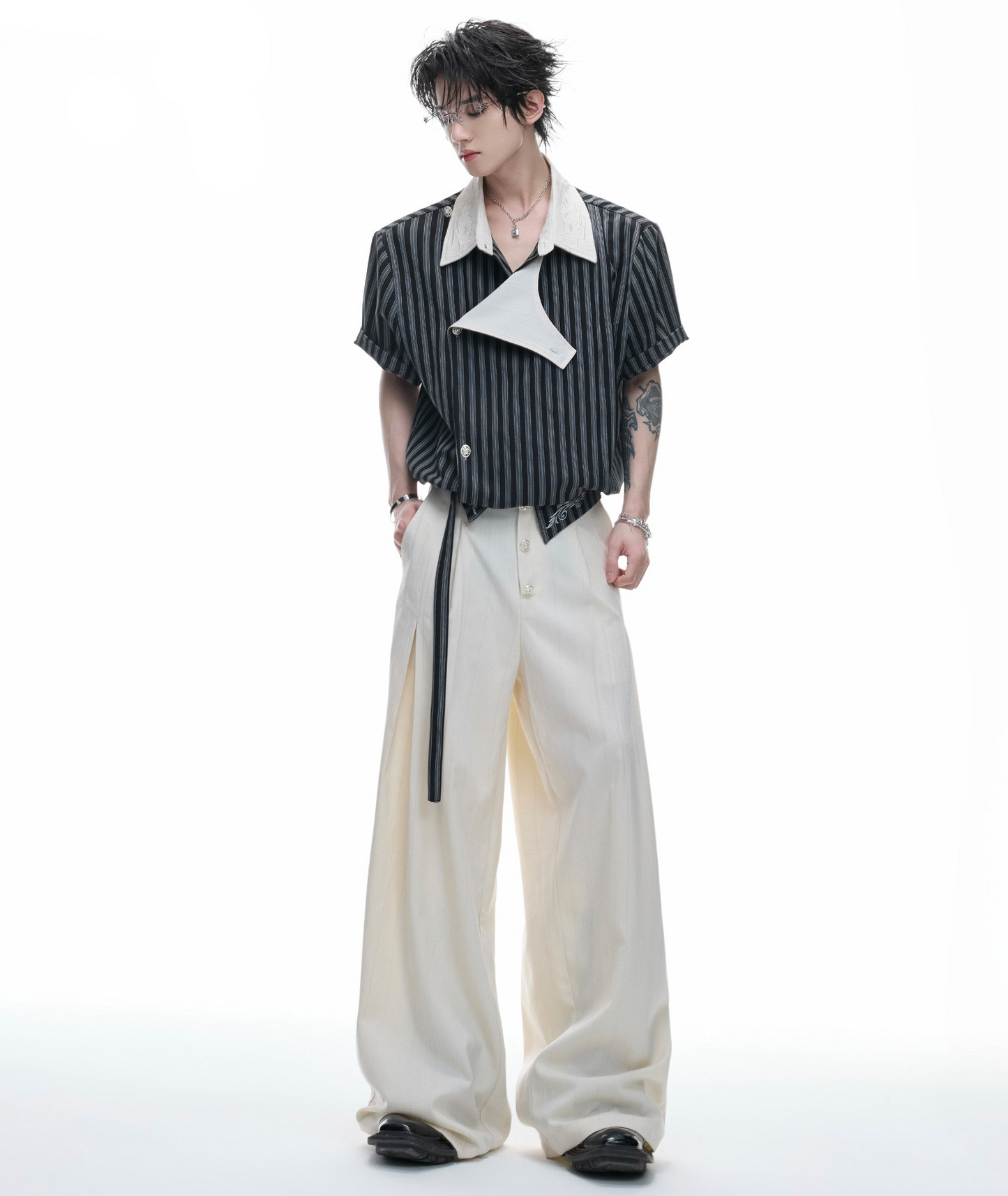 Deconstructed Stripe Embroidery Short Sleeve Shirt & Wide Leg Pants Setup WN27012