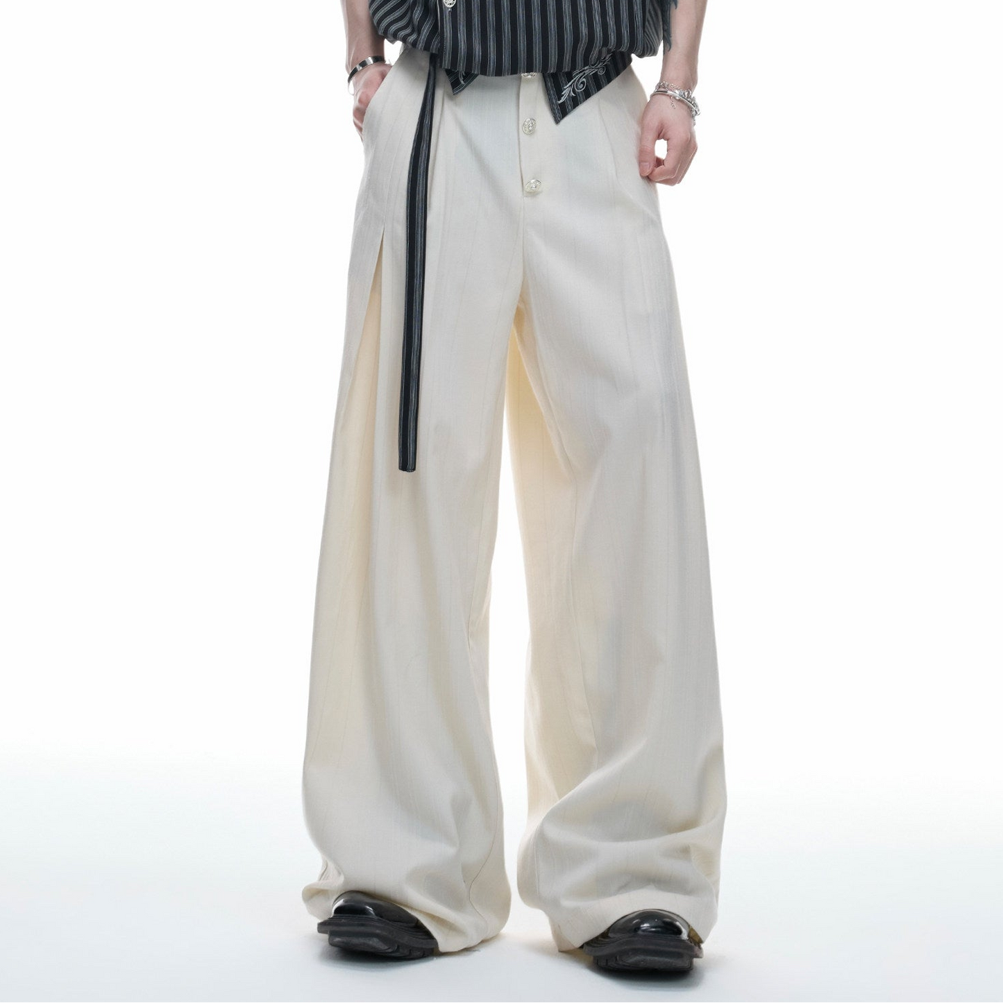 Deconstructed Stripe Embroidery Short Sleeve Shirt & Wide Leg Pants Setup WN27012