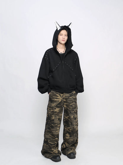 Studs Mix Patchwork Zipper Hoodie WN21042