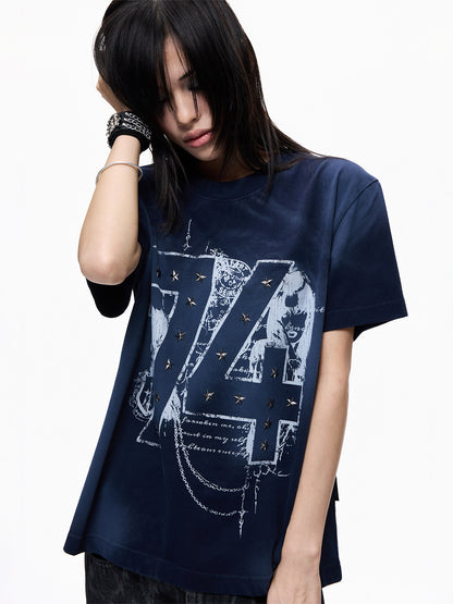 Washed Spray Paint Stud Print Short Sleeve T-Shirt WN27355