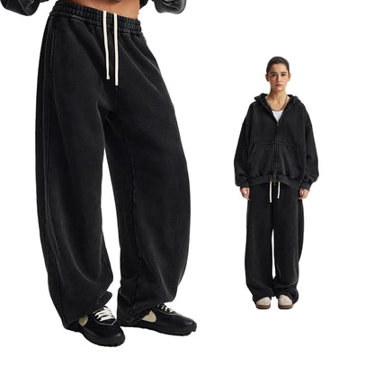Fleece Lining Zip-Up Wax Dye Zipper Hoodie & Wide Leg Pants Sweatpants WN23112
