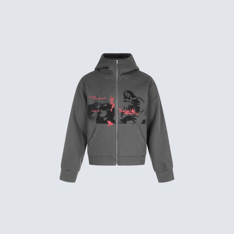 Graphic Print Studs Detail Cropped Zipper Hoodie WN28057