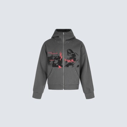 Graphic Print Studs Detail Cropped Zipper Hoodie WN28057