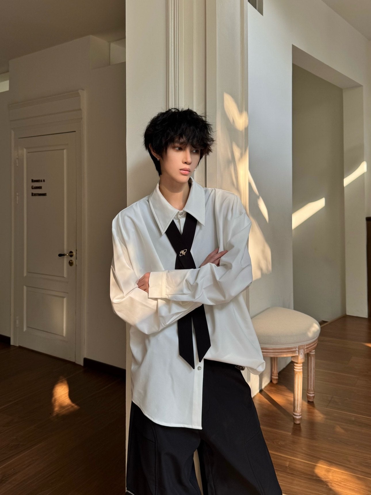 Design Cross Tie Oversize Long Sleeve Shirt WN23174