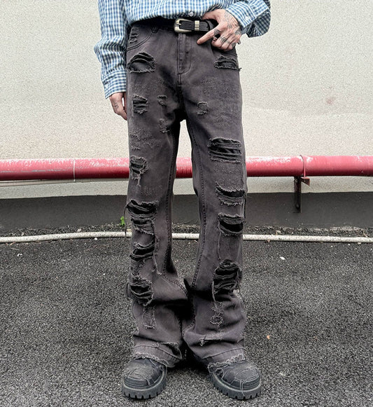 Embroidery Patch Damage Dye Straight Denim Jeans WN21161