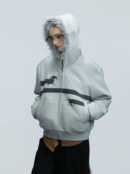 Fake Fur Collar Letter Print Zipper Hoodie WN21749