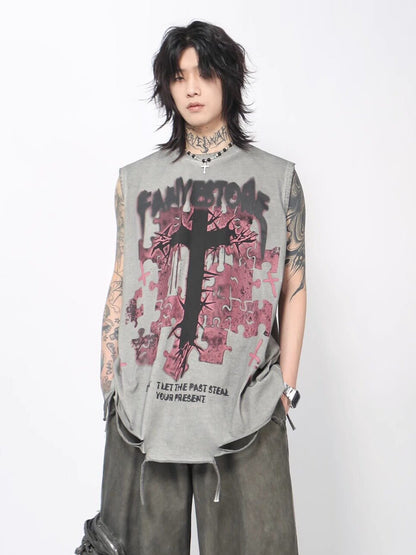 Cross Graphic Print Damage Drawstring Sleeveless T-Shirt WN24490
