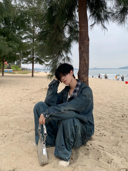 Plaid Patchwork Oversize Denim Jacket WN19769