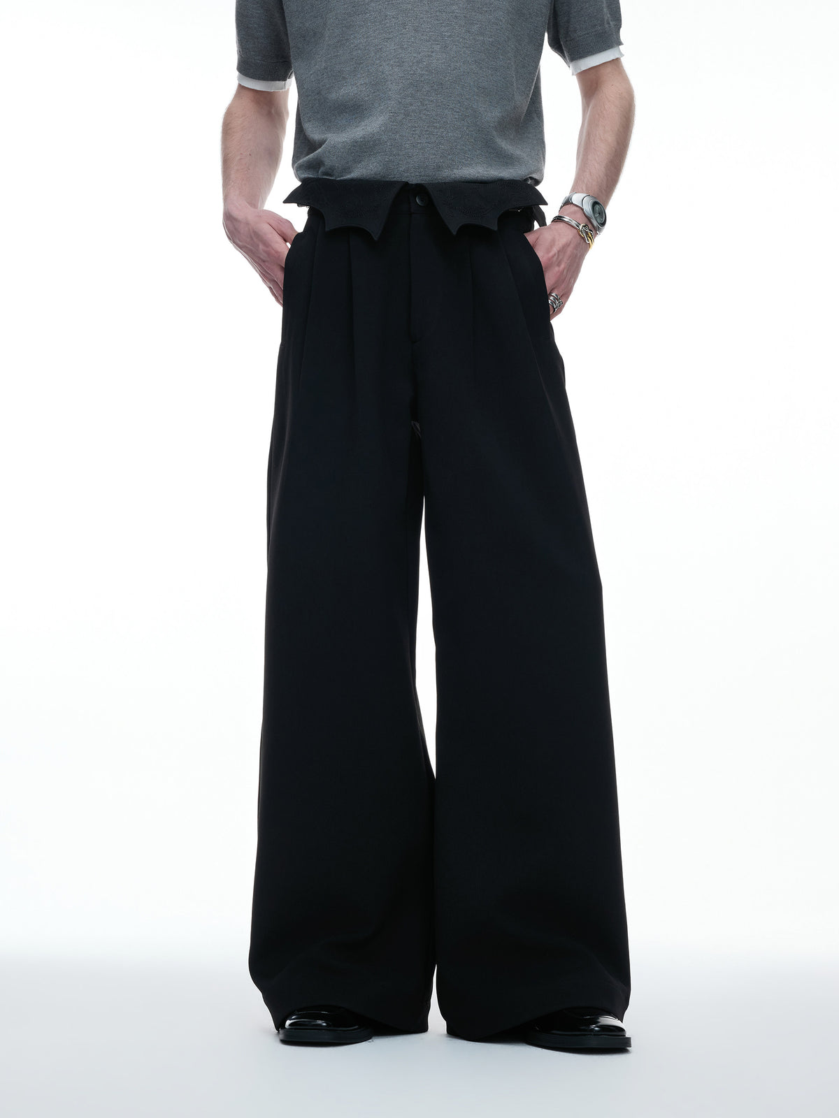 Irregular Fold-Over Waist Embroidery Wide Leg Pants WN27032